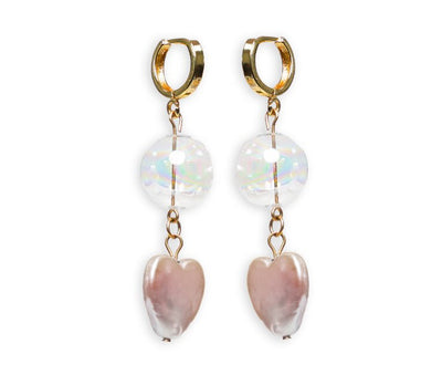 gold hoop drop earrings with glass beads and pearl heart 