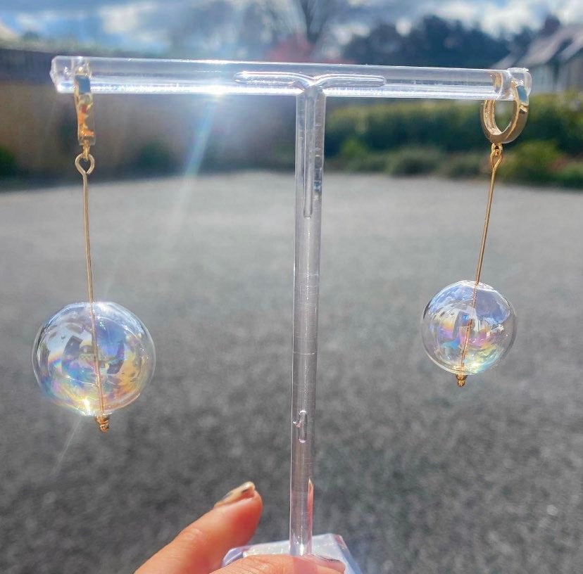 Handmade glass drop earrings inspired by bubbles. Gold vermeil sterling silver huggie hoops 