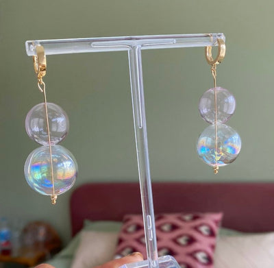 Handblown glass beaded drop earrings inspired by bubbles. Gold vermeil sterling silver huggie hoops