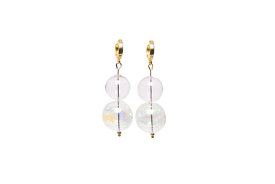 Handblown glass beaded drop earrings inspired by bubbles. Gold vermeil sterling silver huggie hoops