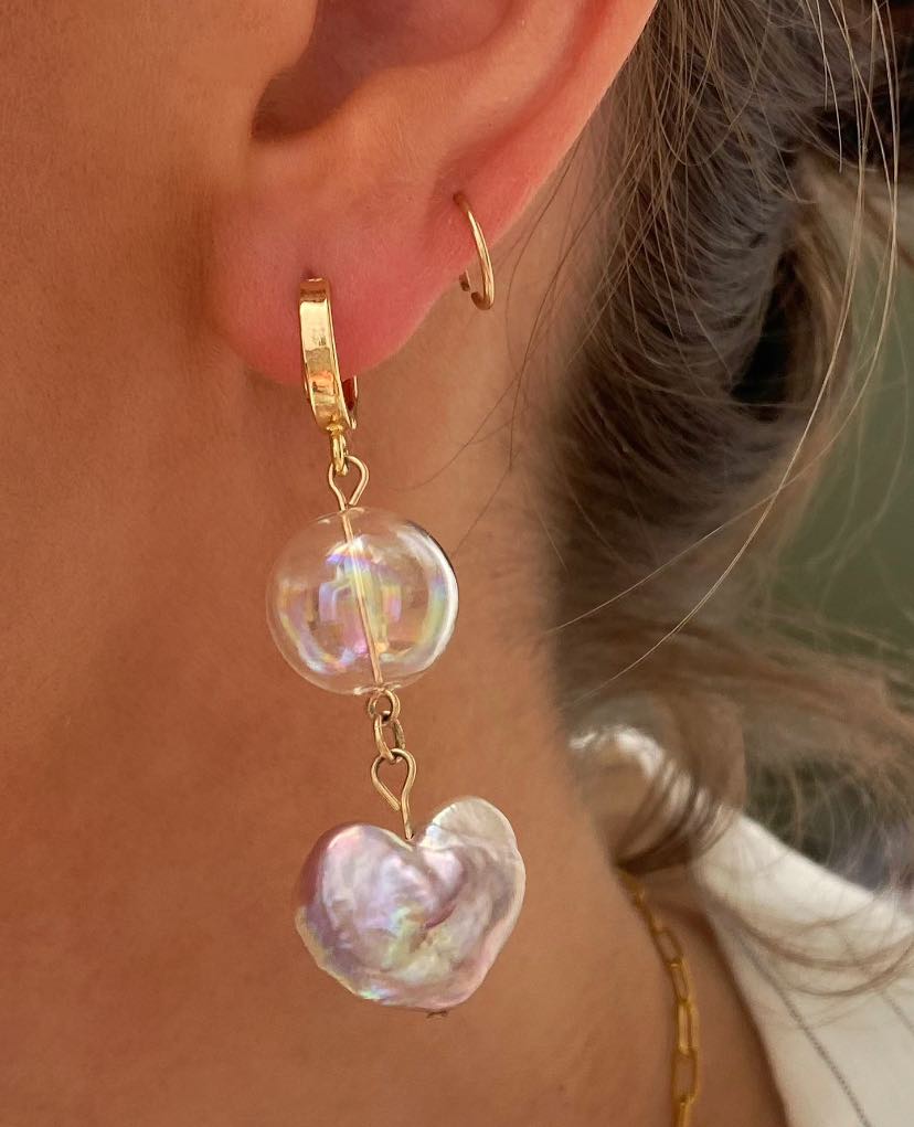 gold hoop drop earrings with glass beads and pearl heart 